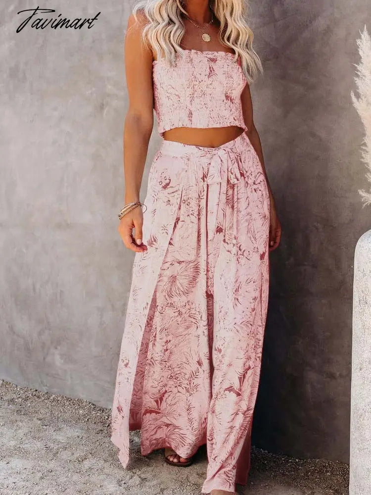 Sexy 2 Pieces Sets Blue Printing Summer Women Floral Clothes Sets Tank Top Wide Leg Pants Outwear C1A427