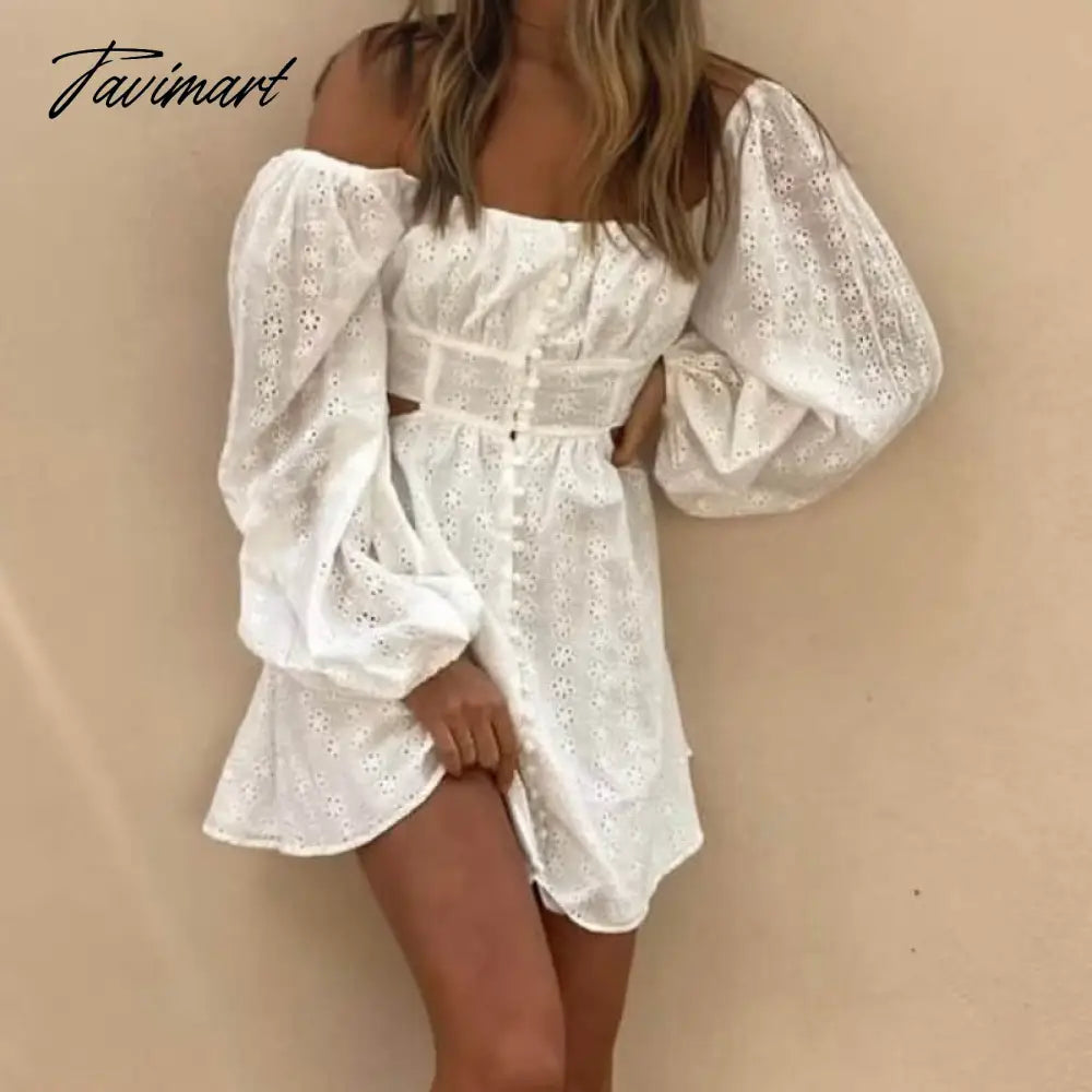 Sexy Backless Hollow Out Lace Dress Women Robe Vintage Floral Embroidery Long Sleeve Cotton Mini Dresses Summer Vestidos
