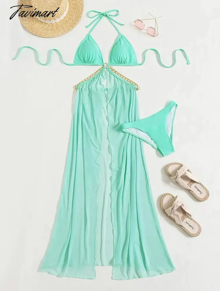 Sexy Bikini Sets Cover-ups Beach Outfits Swimwear for Women Three Piece Lace Up Elegant Bikini Blouse Chiffon Long Dress