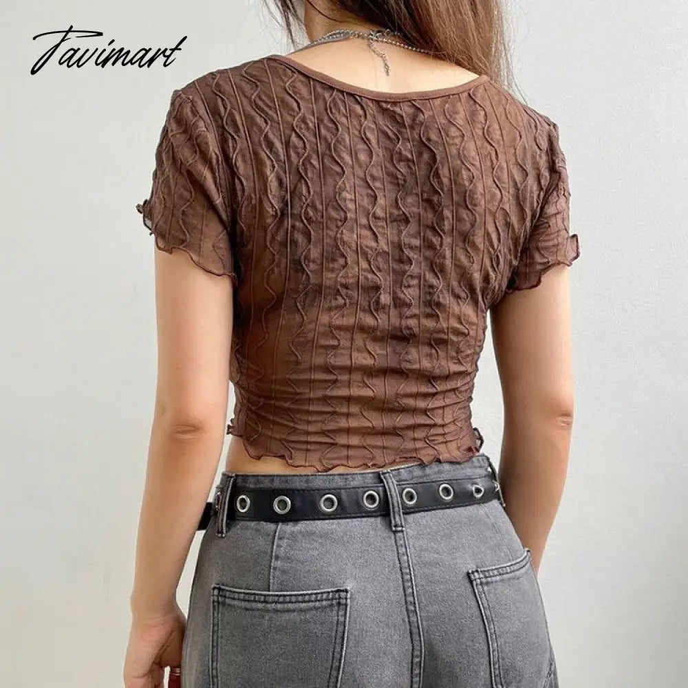 Sexy Hot Hollow Out Lace T-shirts Summer New V-neck Ruffles Crop Top Short Sleeve American Vintage Slim Fit All-match Y2k Top