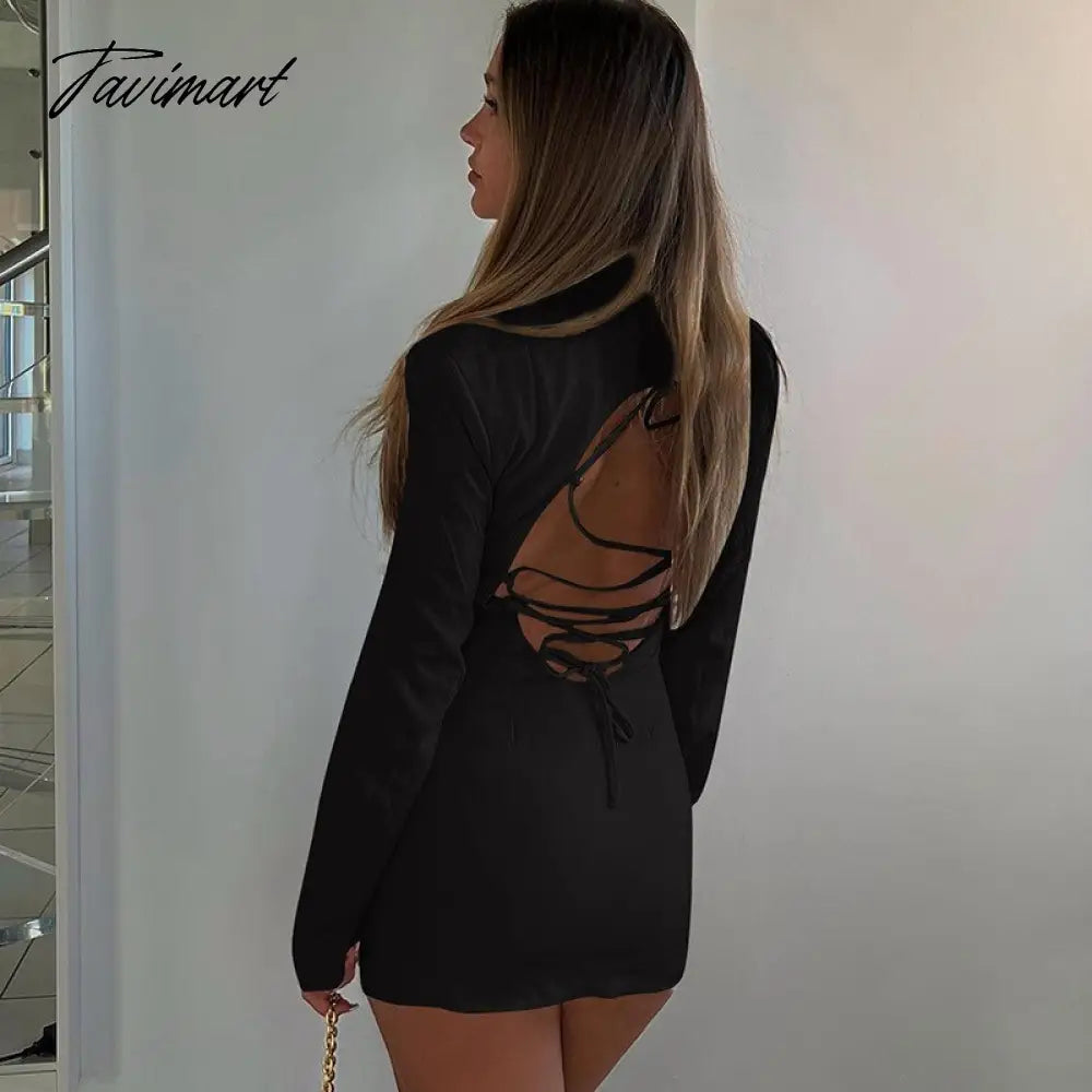 Sexy Women Full Sleeve Backless Blazer Dress Elegant Gown Single Breasted POLO Bandage Bodycon Fashion Party Jacket Dress Club