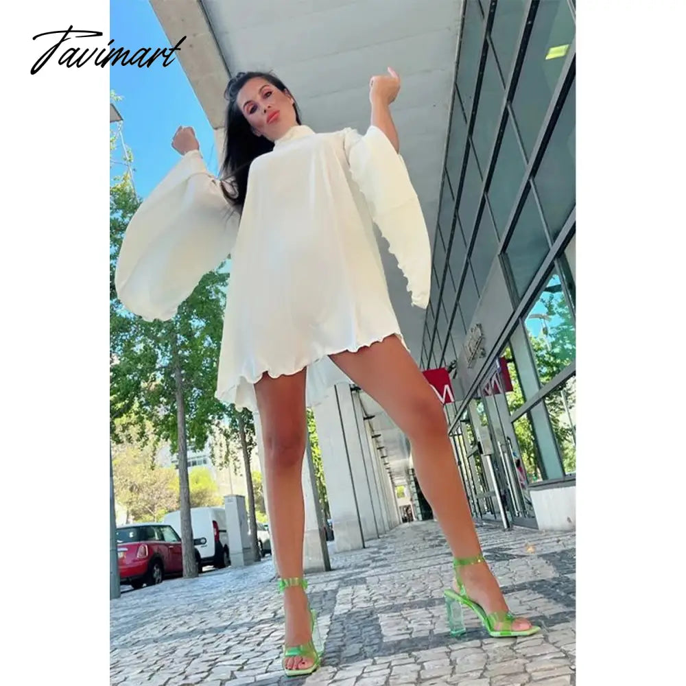 Solid Color High Collar Flared Sleeves Backless Sexy Mini Dress for Women Summer Casual High Street Dresses