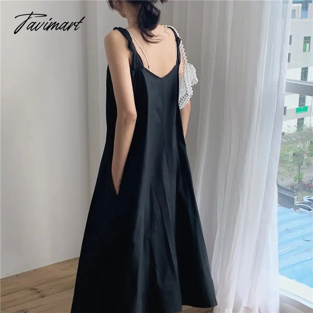 Solid Simple Low V-Neck Summer Dress Women Large Swing Loose Dresses Wide Strap Suspender Women's Long Dress Elegant Party