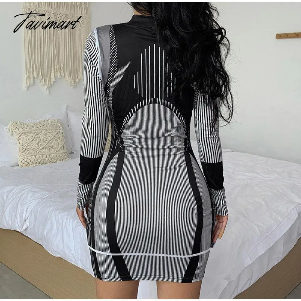 Sporty Stripe Long Sleeve Mini Dress Women Zipper Pullover Bodycon Dresses Female Fashion Casual Basic Slim Dresses