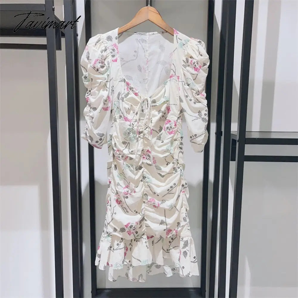 Spring and Summer New Women Printed Square Collar Pleated Waist Slim Fishtail Dress