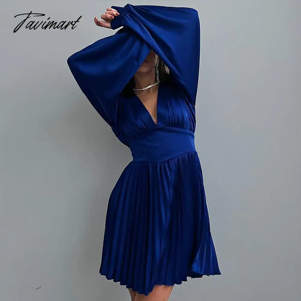 Spring Autumn Women Solid Color Mini Dress Fashion Long Sleeve V-Neck Waist Dress Ladies Casual Slim Office Pleated Dresses