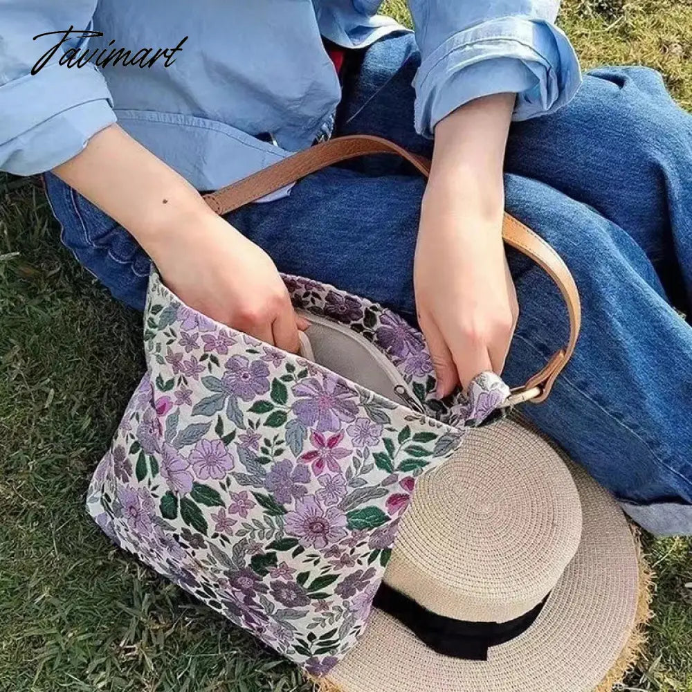 Spring Summer Purple Exquisite Embroidery Flower Blossom PU Shoulder Strap Handbag Underarm Bags With Zipper