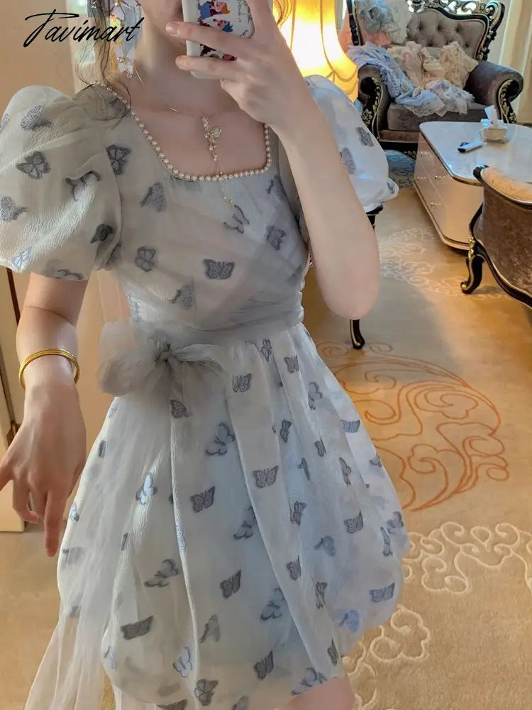Spring Vintage Fairy Casual Printing Women Patchwork Mini Dress Ladies Elegant Princess Korean Mesh Party Dresses Y2k