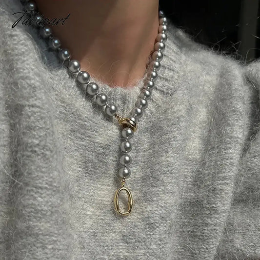 Statement Grey Pearl Necklace For Women Personality Multi Function Long Chain Necklaces