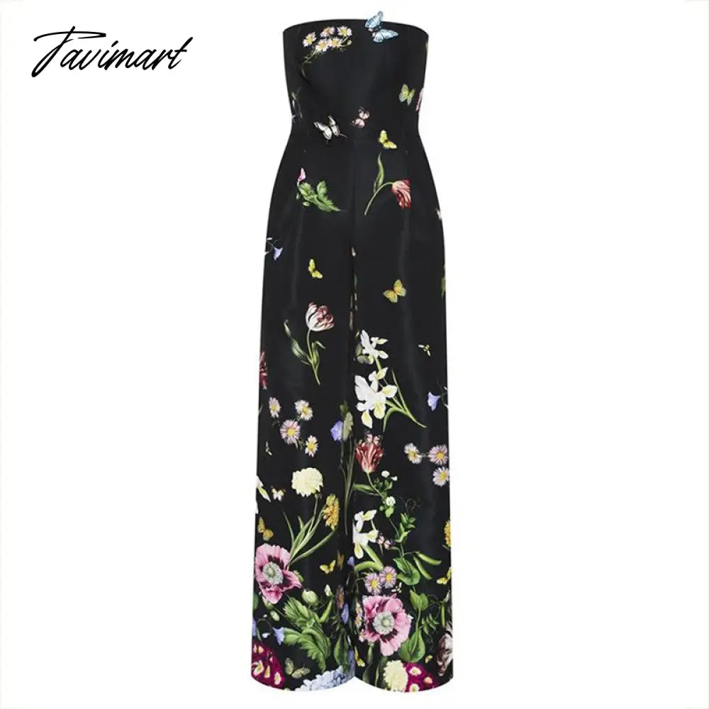 Stylish Wide Leg Jumpsuits Women One Piece Outfit Floral Printed Butterfly Appliques Tube Tops Full Length Straight Rompers New