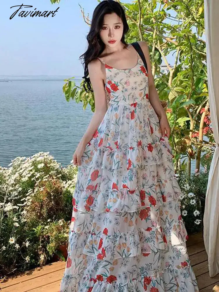 Summer Backless Beach Ruffles Cake Long Dress Women Sleeveless Print Floral Retro Dress Korean Style Evening Party Slip Dresses
