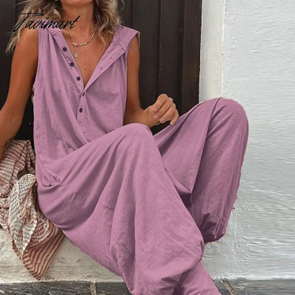 Summer Casual Hooded Romper Streetwear Fashion Sleeveless Button Solid Playsuit Retro Harajuku Loose Cotton Linen Women Jumpsuit
