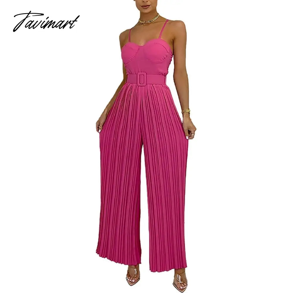 Summer Casual Suspenders Long Jumpsuit Women Sexy Fashion Solid Sleeveless Sashes Pleated Wide Leg Jumpsuit Orange Female