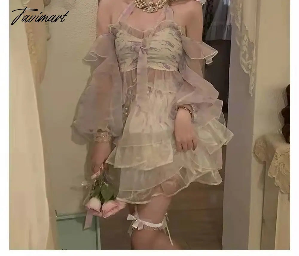 Summer Chiffon Floral Lace Princess Sets Women Halter Collar Sweet Two Piece Set Female Casual Kawaii Party Mini Skirt Sets
