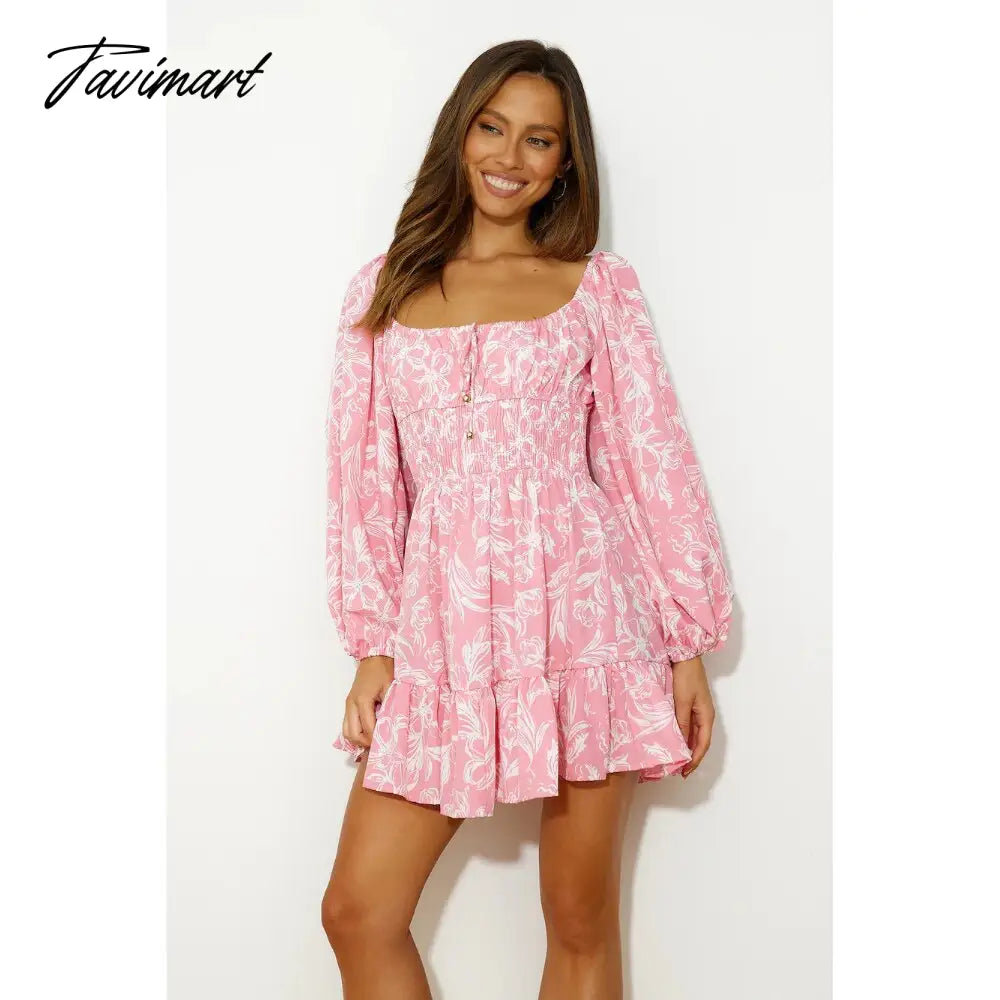 Summer Dress, Spring and Summer Women's Printed Long Sleeved Square Neck Tie Up Dress Sleeveless Derss