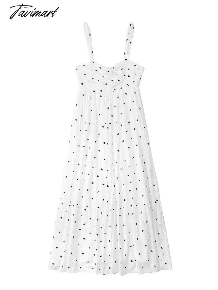 Summer Dress Women Tiered Hem Embroidery Casual Midi Dress Straight Neckline Sleeveless Spaghetti Strap Cotton White Dress