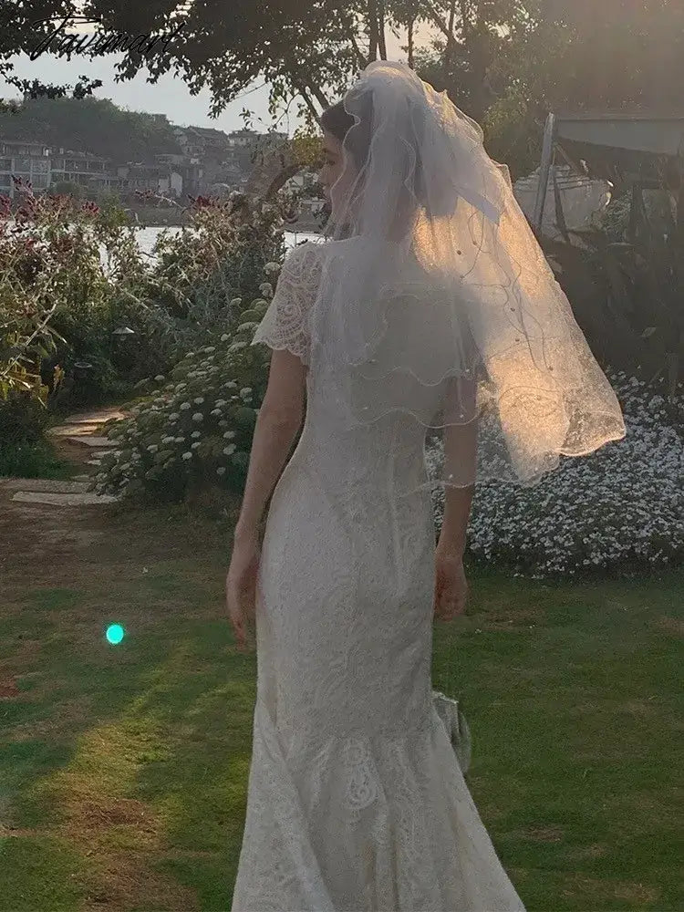 Summer Elegant Lace Slim Women Prom Dress New French Style Short Sleeve V-neck Outfits Vintage Wedding Mermaid Robe