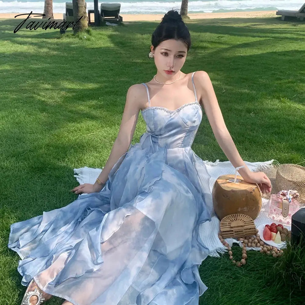 Summer Elegant Sleeveless Backless A-line Slip Dress Retro Blue Tie Dye Slim Ruffles Irregular Party Long Dresses For Women