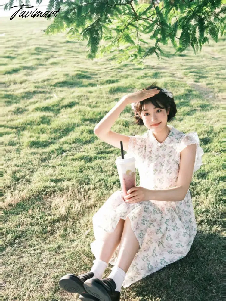 Summer Floral Sweet Dress Women Designer Lace Ruffle Chic Midi Dress Female Chiffon Korean Fashion Loose Strappy Dress New