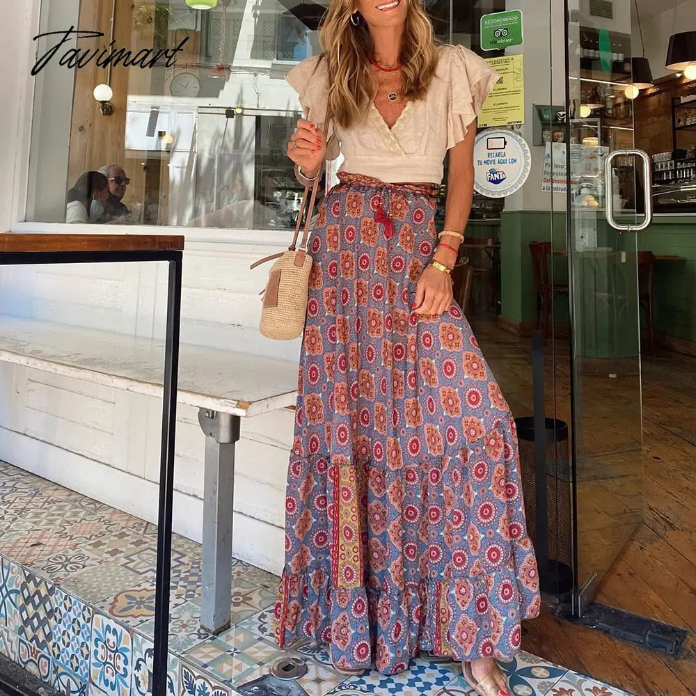 Summer High Waist Long Printed A-Line Skirt Floral Skirt Women Casual Beach Faldas Female Boho Elastic Waist Holiday Maxi Skirts