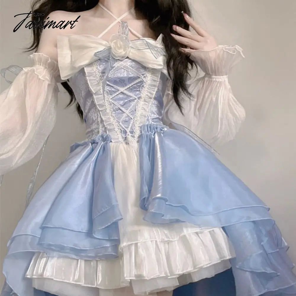 Summer Kawaii Clothing Lolita Mini Dress Women Long Sleeve Even Party Dress Female Sweet Fairy One Piece Dress Korean Chic