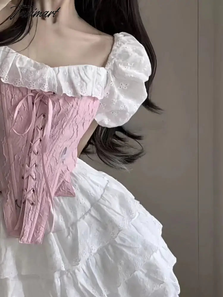 Summer Kawaii Sweet 3 Piece Dress Set Women Short Sleeve Bodycon Y2k Crop Tops + Mini Skirt Corset Korean Fashion Suit