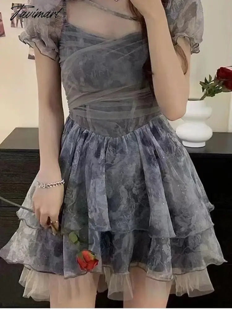 Summer Lace Boho Print Dress Women Chiffon Kawaii Party Mini Dress Female Casual Sexy Korean Fashion Sweet Elegant Dress