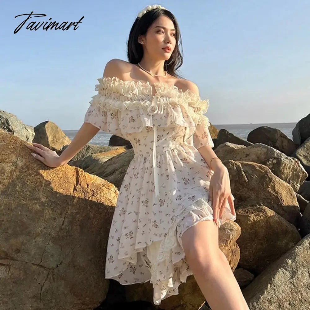 Summer Lace Print Sweet Strap Dress Women Irregular Ruffle Flounce Cute Mini Dress Female Chiffon Slash Neck Elegant Dress