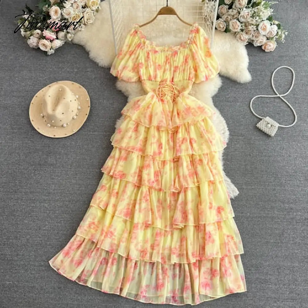 Summer Pink/Yellow Bandage Printed Ruffle Long Dress Vintage Square Collar Short Puff Sleeve High Waist Tierred Party Robe New