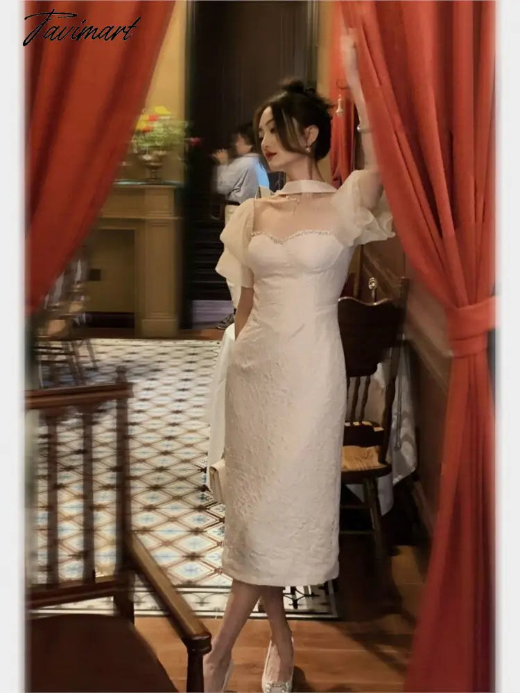 Summer Puff Sleeve White Wedding Dress Women Square Collar Elegant Prom Dress Female Slim Fashion Party Dress