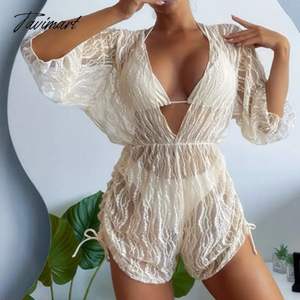 Summer Sexy Halter Push Up Bikini Fashion Lace Sheer Mesh Jumpsuit Cover-up Swimwear Women 3Piece Set Beachwear Swimsuit Biquini