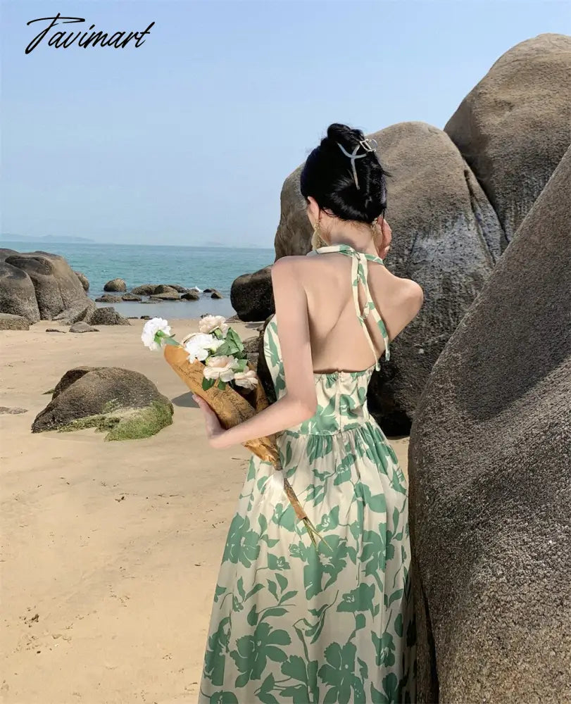 Summer Sexy Women Floral Print Fake Two Pieces Dress High Waist Beach Skirt Fashionable Backless Holiday Party Long Dresses