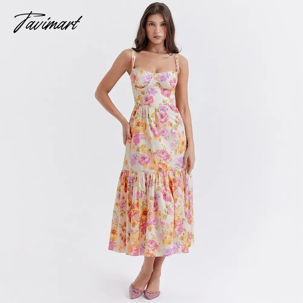 Summer Spaghetti Strap Midi Dress Elegant Casual Floral Print Holiday Party Dress with Pocket Women's Clothing