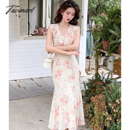 Summer Strappy Floral Dress French Retro V Neck Beach Holiday Midi Dress Korea Sweet Fairy Sleeveless Party Club A Line Dresses