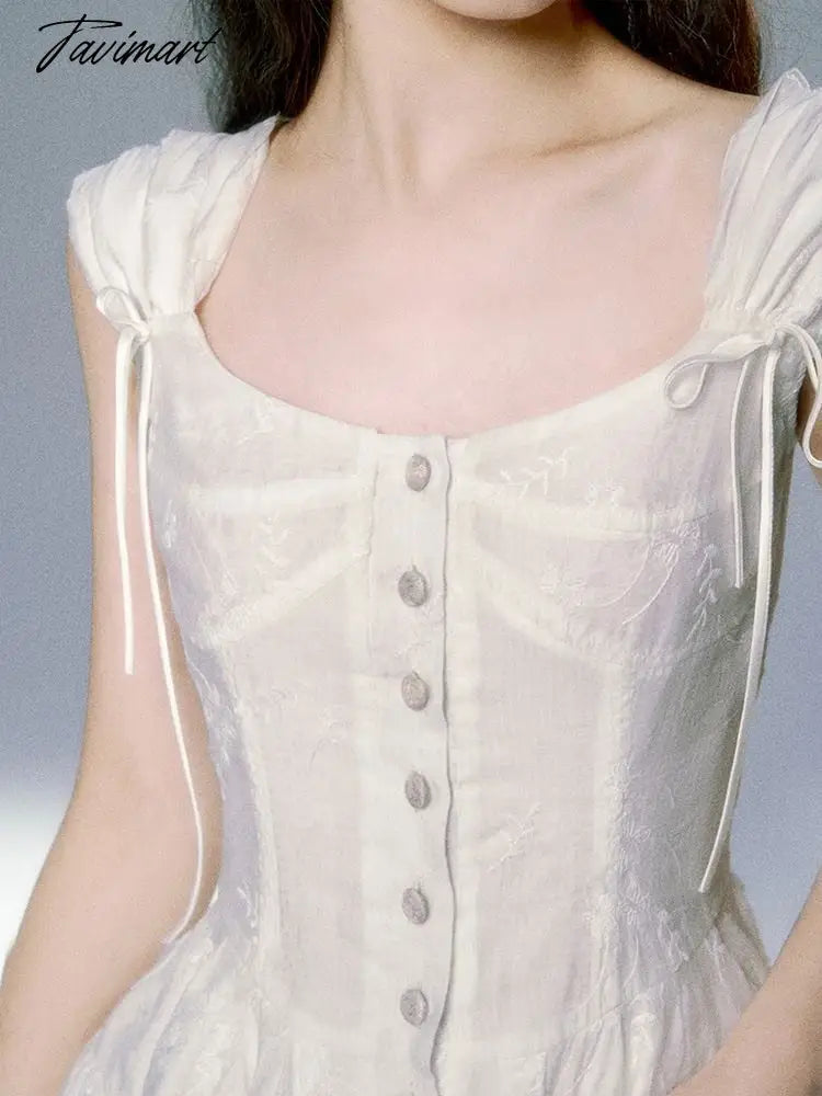 Summer White Causal Sweet Dress Women Lace-up French Vintage Mini Dress Female Holiday Sleeveless Designer Fairy Dress New