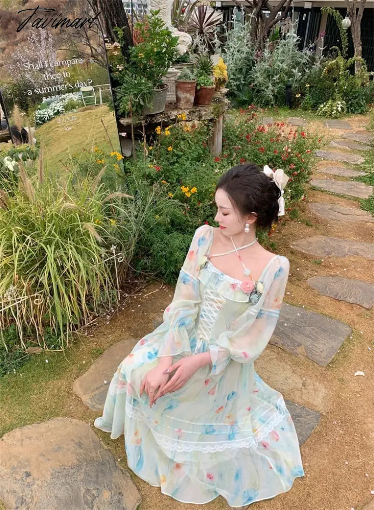 Summer Woman Floral Chiffon Fairy Dress French Style Vintage Evening Party Vestidos Female Long Sleeve Beach Midi Boho Dresses