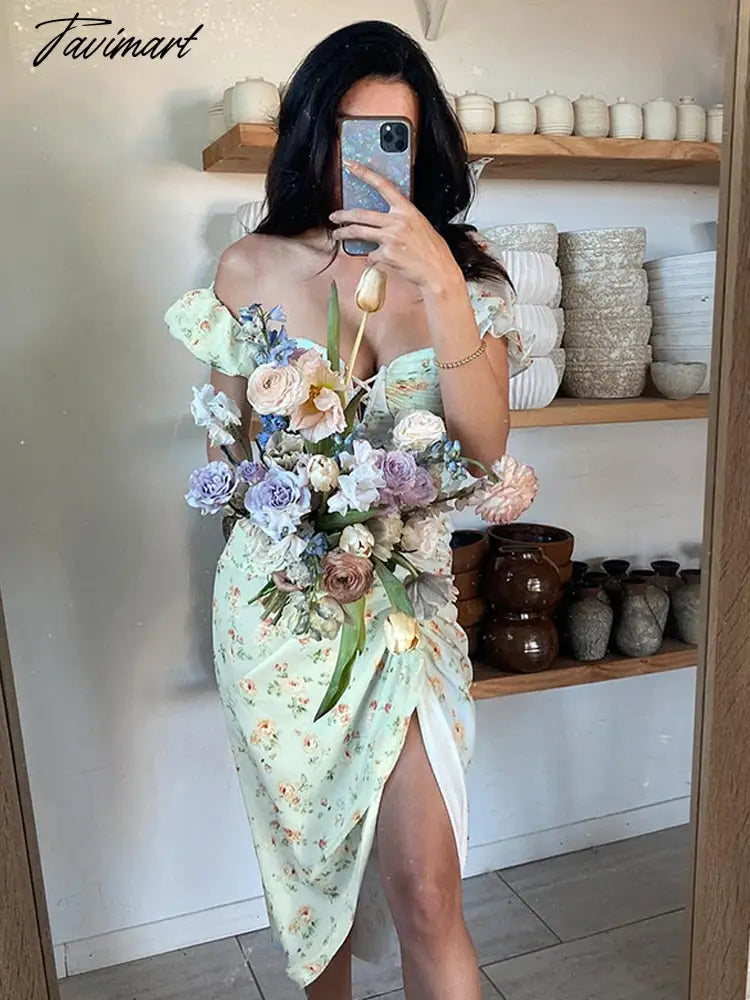 Summer women's floral puff sleeves deep V sexy one-shoulder mid-length dress pleated elegant dress side slit fashion party dress