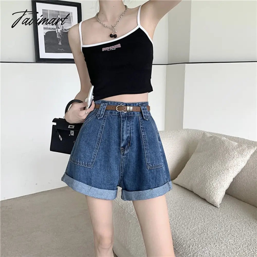 Summer Women's Shorts High Waist Loose-Fitting Curl Wide-Leg Denim Shorts New Slimming Sense of Design Niche A- line Pants