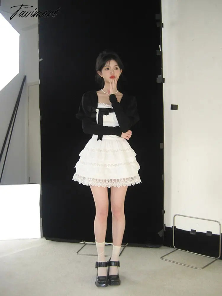 Sweet A-LINE Mini Dress Women Korean Lace Party Dress Spring Lady Elegant Lace Cake Dress Female Casual Dress With Bow