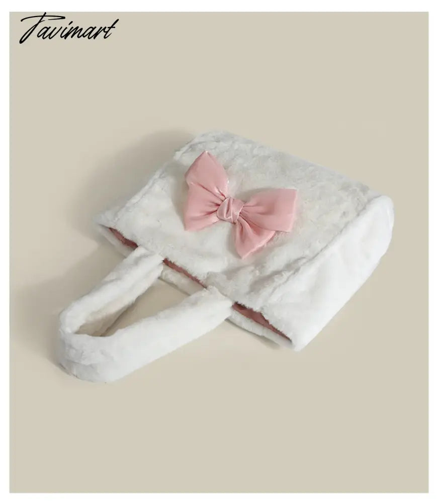 Sweet Bow Tote Bag Women Harajuku Aesthetic Plush Soft Chic White Shoulder Bag Ladies Large Capacity Casual Handbag New