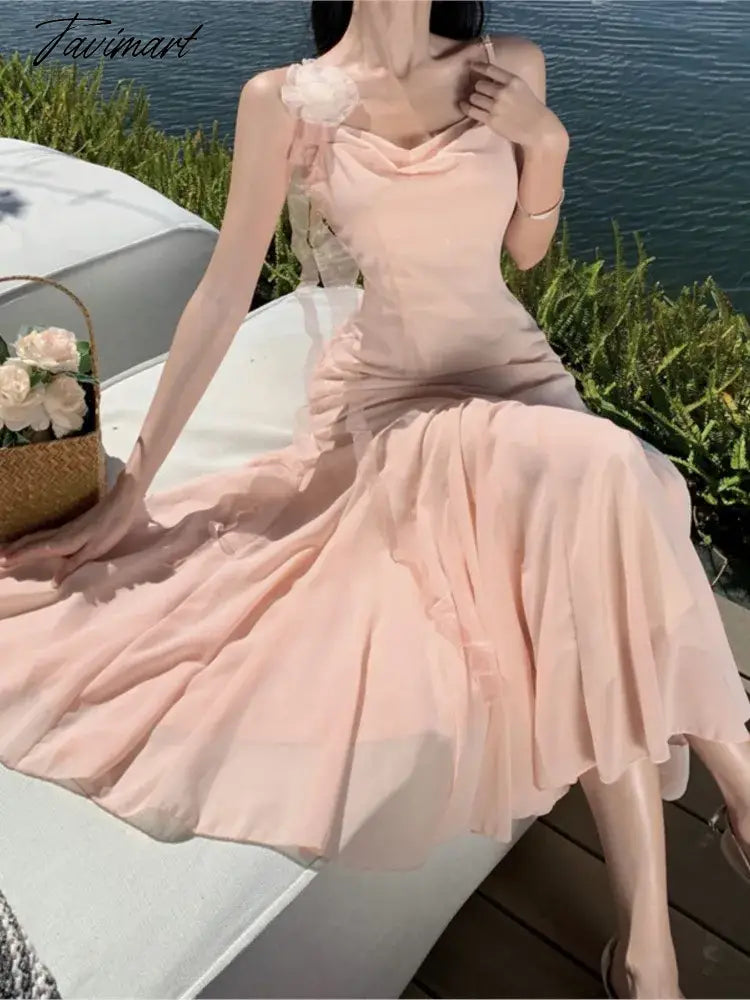 Sweet Elegant Pink Slip Backless Ruffles Pleated Fishtail Long Dresses Women Sexy Birthday Party Prom Evening Dress 2024 Summer