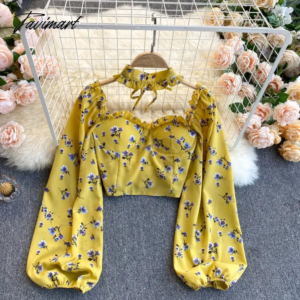 Sweet Flower Bubble Sleeve Short Style Waist-Exposed Blouse Neck Lace-up Chiffon Female Puff Sleeve Top