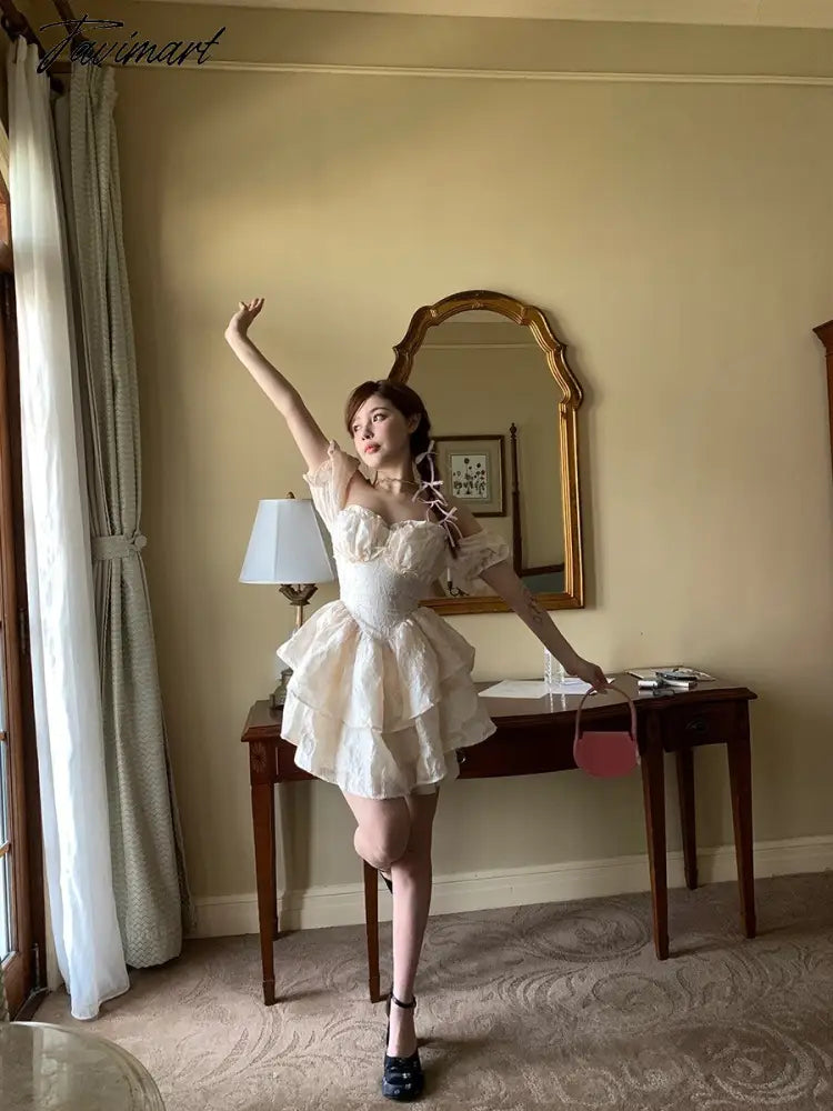 Sweet French Vintage Dress Women Summer New Princess Puff Sleeve Cake Short Party Dress Casual Holiday Female Beach Dress