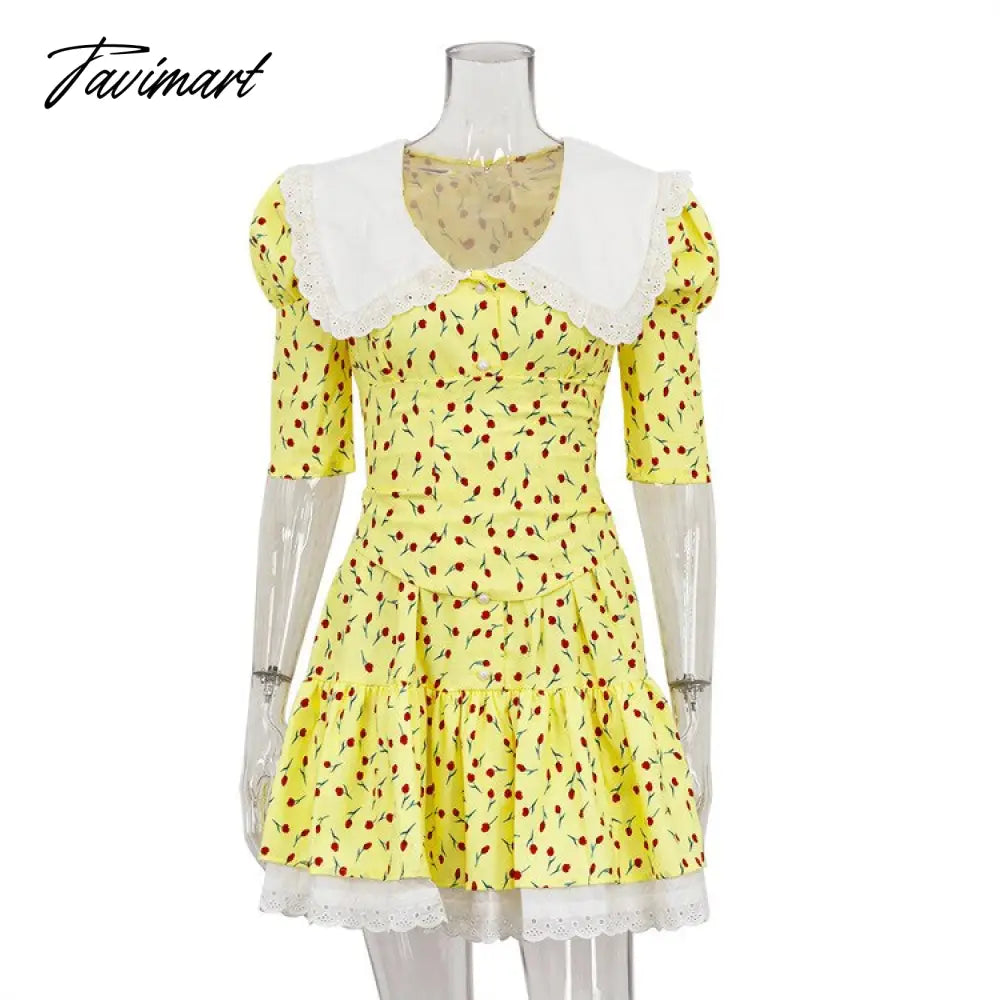 Sweet Girls Summer Peter Pan Collar Floral Print Short Dress Streetwear Girls Tunic High Waist Bandage A-line Party Dresses