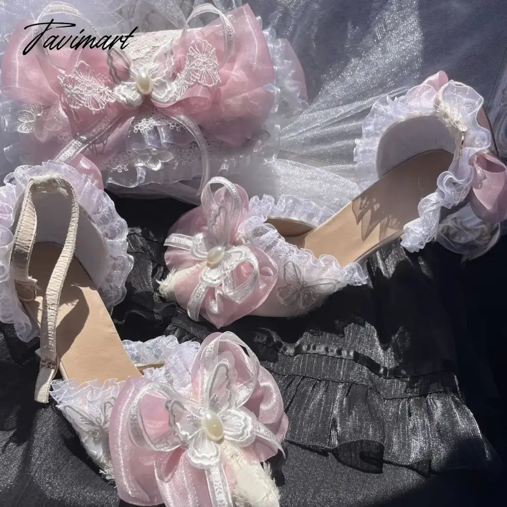 Sweet Lolita Retro Court Style Cosplay Cute Loli Flower Wedding Girl Pearl Ribbon Butterfly Lace 8cm Pink Blue High Heeled Shoes
