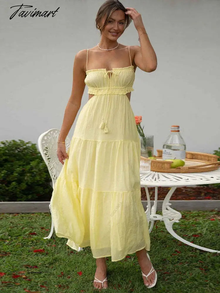 Sweet Sexy V Neck Spaghetti Straps Tassel Decoration Sleeveless Dresses For Women Elegant Backless Maxi Dress A2616