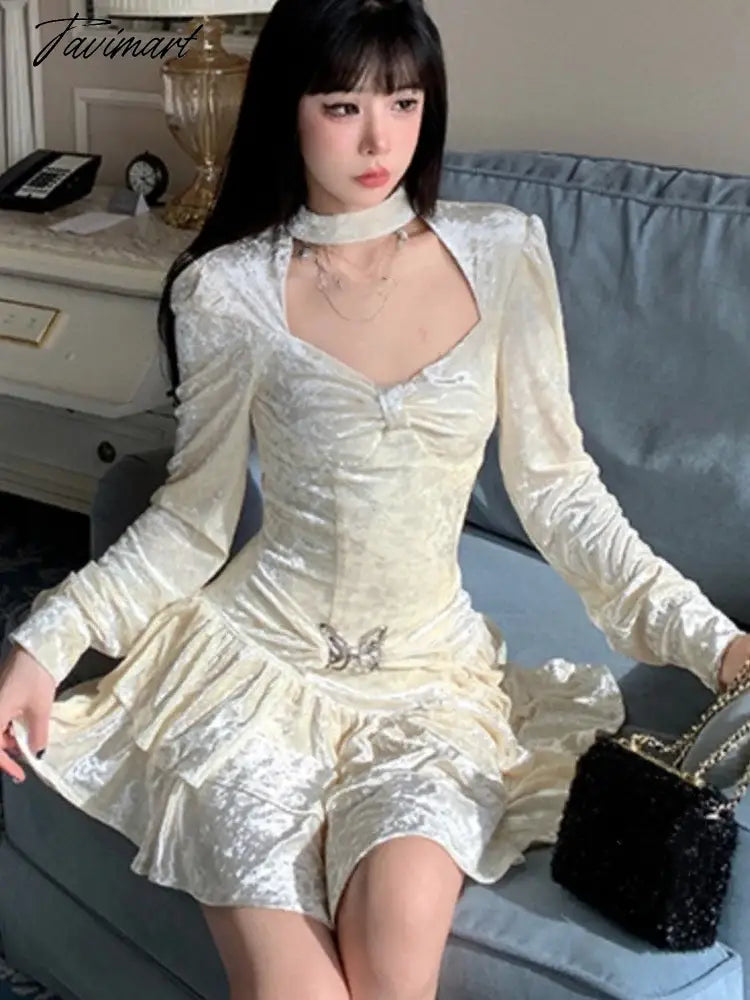 Sweet Solid Velvet Mini Dress Women Square Collar Long Sleeve Halter Autumn Winter A-line Cake Dresses Birthday Party Vestidos