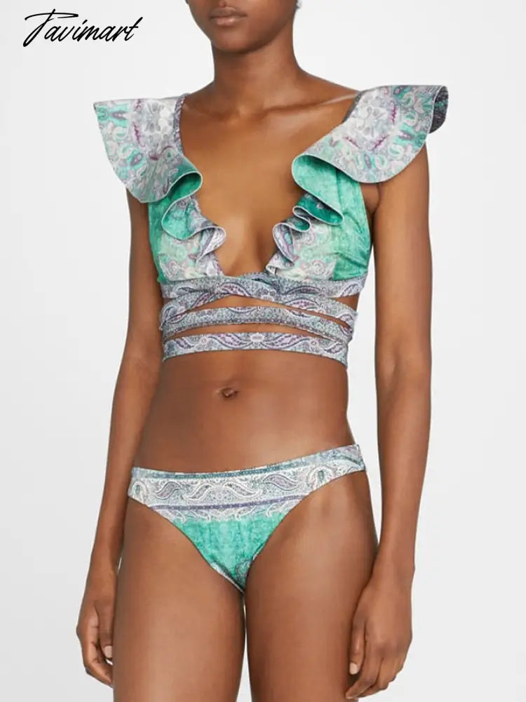 Swimsuit Two Pieces Tankini Fashion Print Ruffle Bikini Women's Bandage Swimsuit Summer Beach Print Floral Tie Dye Lace Stripe