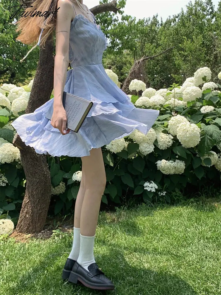 Tie-dye Lace-up Dress Women Spring Back Hollowed Out Suspender Skirt A-line Skirt Korean Fashion Dresses for Women