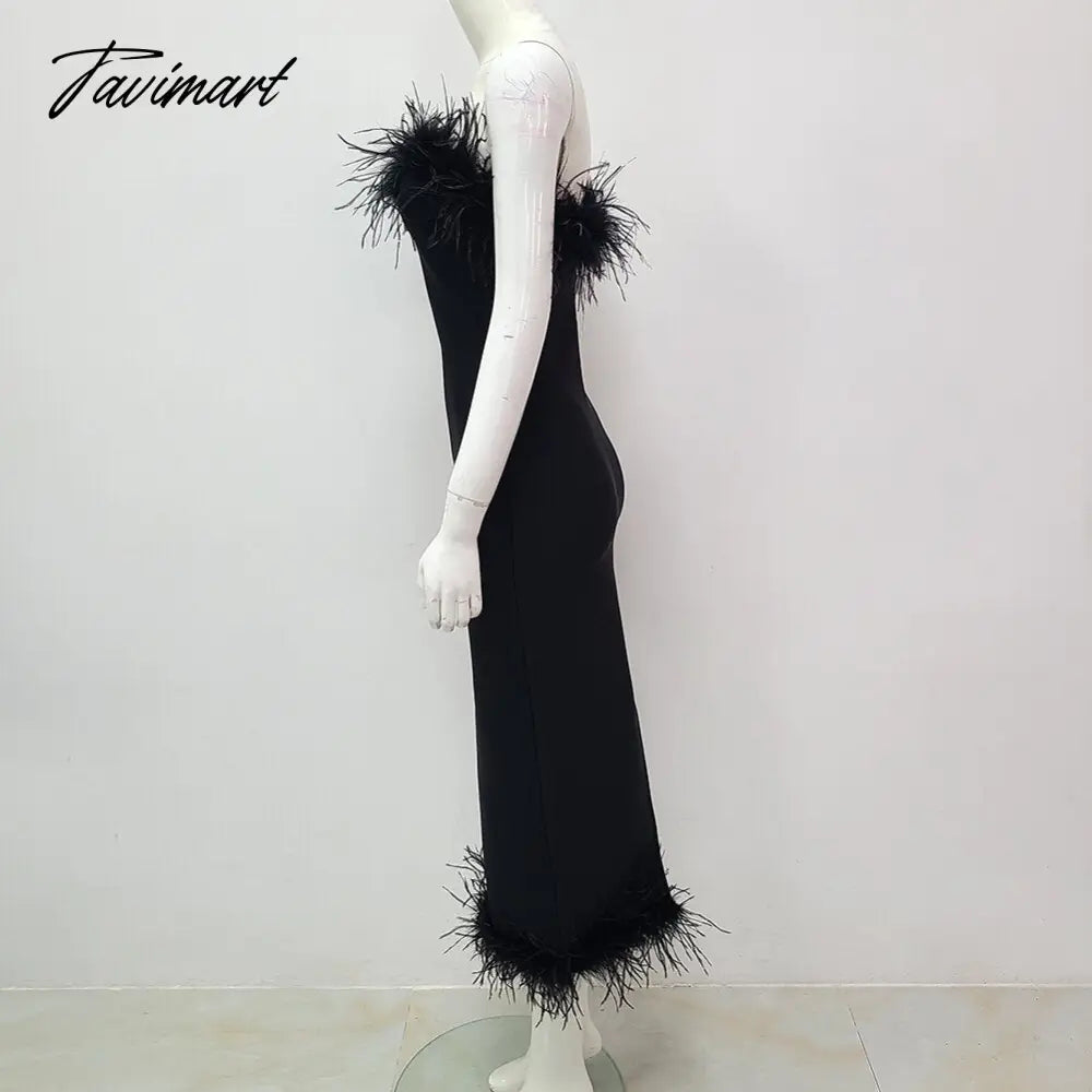 Top Quality Women Sexy Off the Shoulder Feathers Bodycon Long Dress Rayon Bandage Fashion Elegant Evening Party Outfit